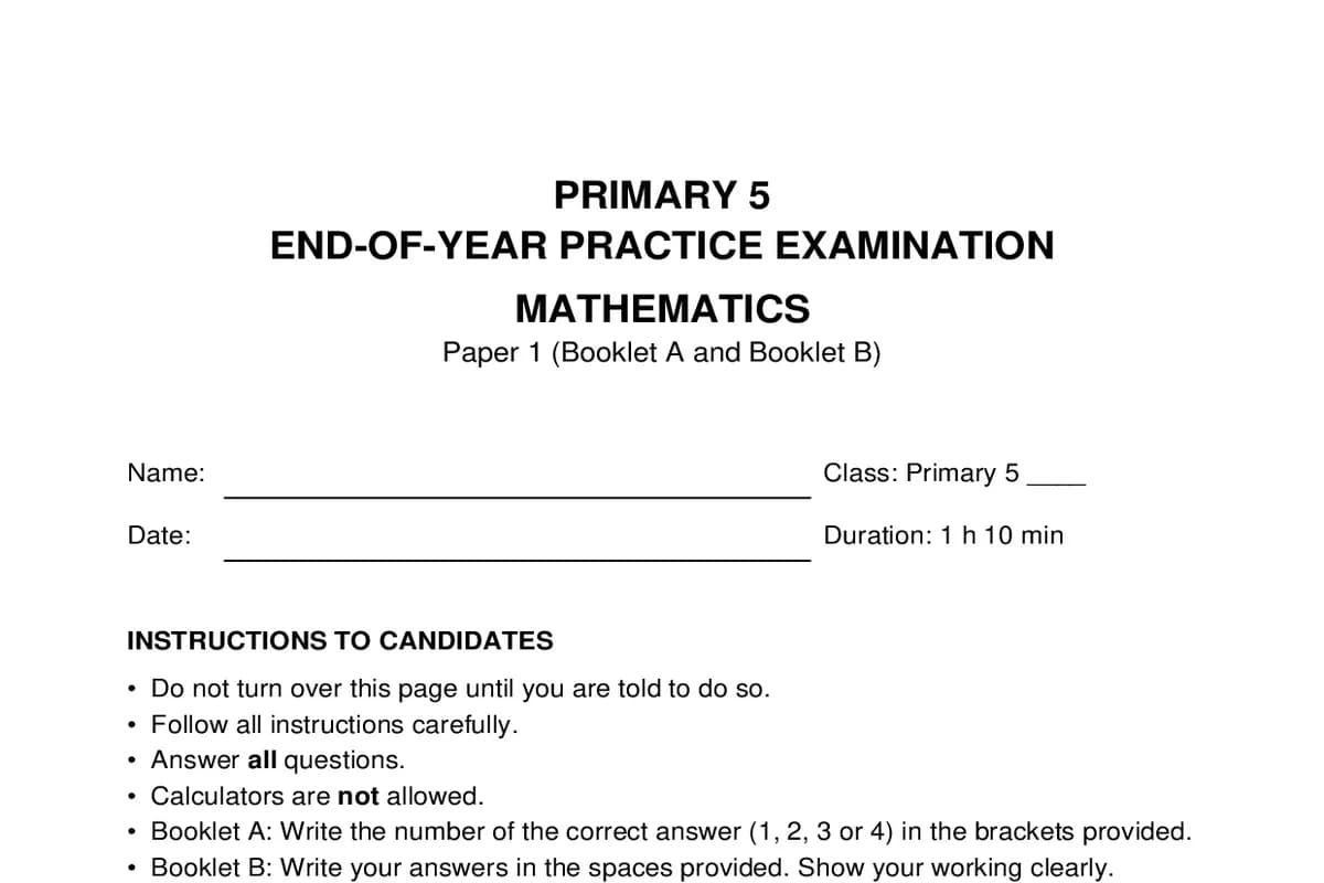The first page of P5 maths paper 1 with answer key